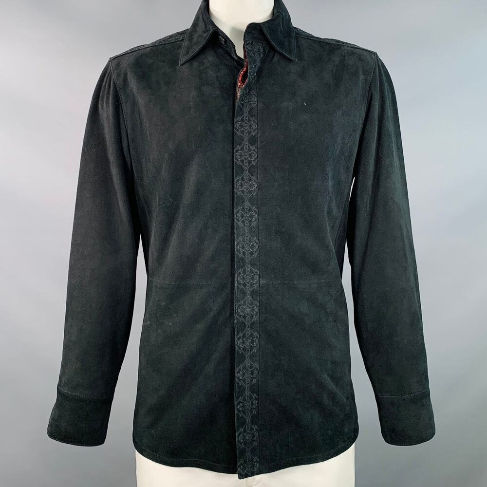 ROBERT GRAHAM Size L Black Embroidery Suede Contrast Trim Long Sleeve Shirt